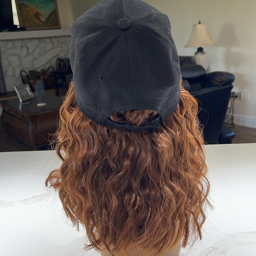 HAT HAIR, 10” Attached to Black Baseball cap, Wavy Brown/Auburn hair - Picture 4 of 10